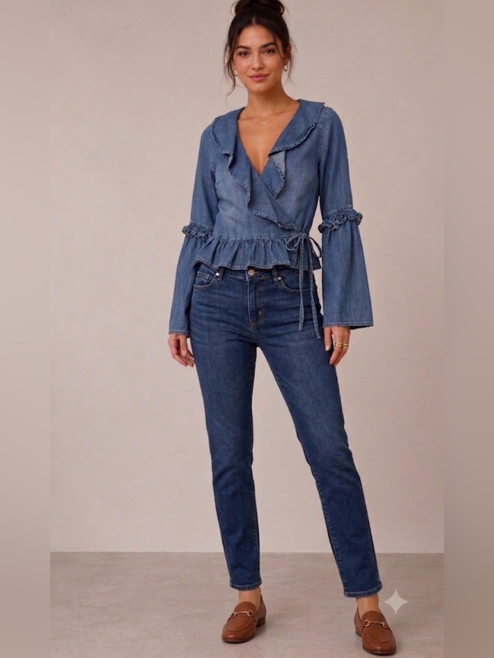 Altar’d State Denim Ruffle Wrap Blouse